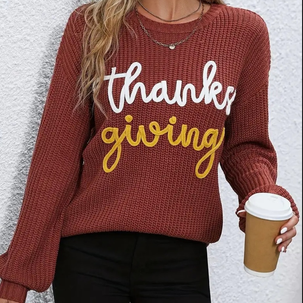 Oversized Thanksgiving Cable Knit Pullover Sweatshirt - Picture 2 of 6